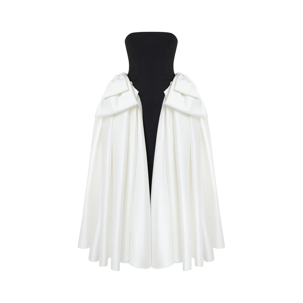 Rasario Satin Midi Dress with Sculptural Bow Details in Black and White