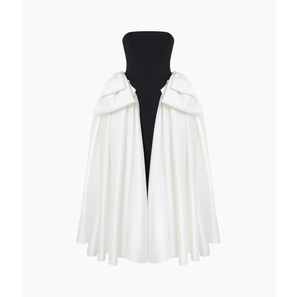 Rasario Satin Midi Dress with Sculptural Bow Details in Black and White