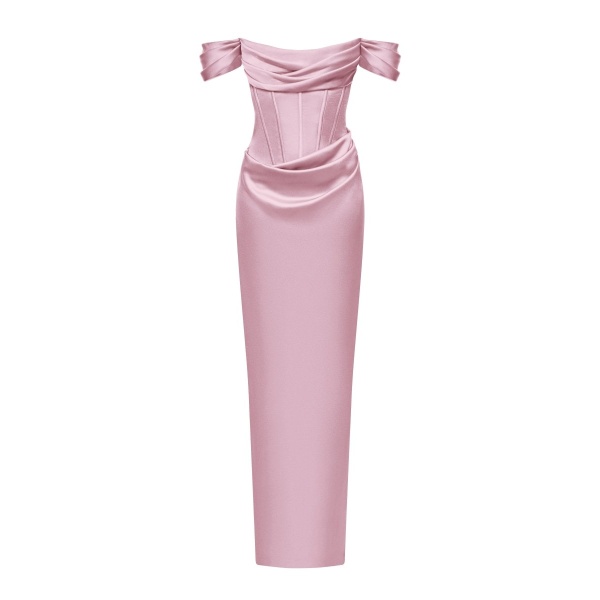 Rasario Off-the-shoulder draped corset satin gown in Dusty rose
