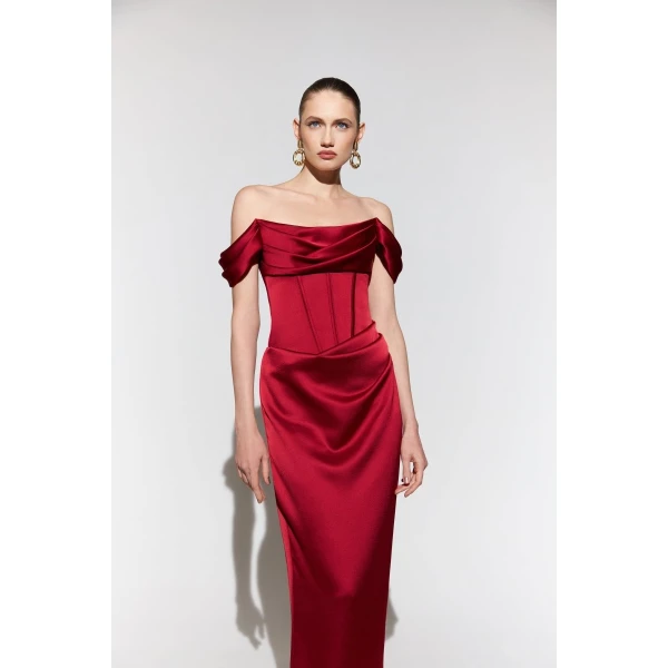 Rasario Off-the-shoulder draped corset satin gown in Burgundy, view 2