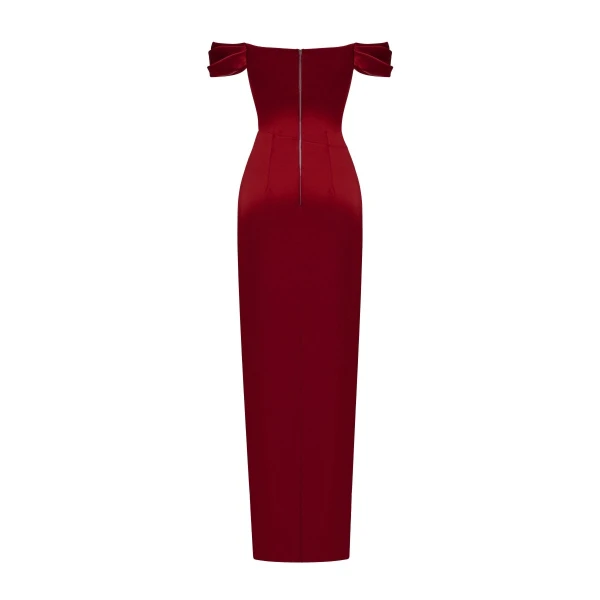Rasario Off-the-shoulder draped corset satin gown in Burgundy, view 3
