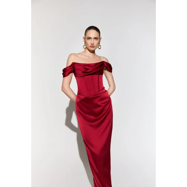 Rasario Off-the-shoulder draped corset satin gown in Burgundy, view 4