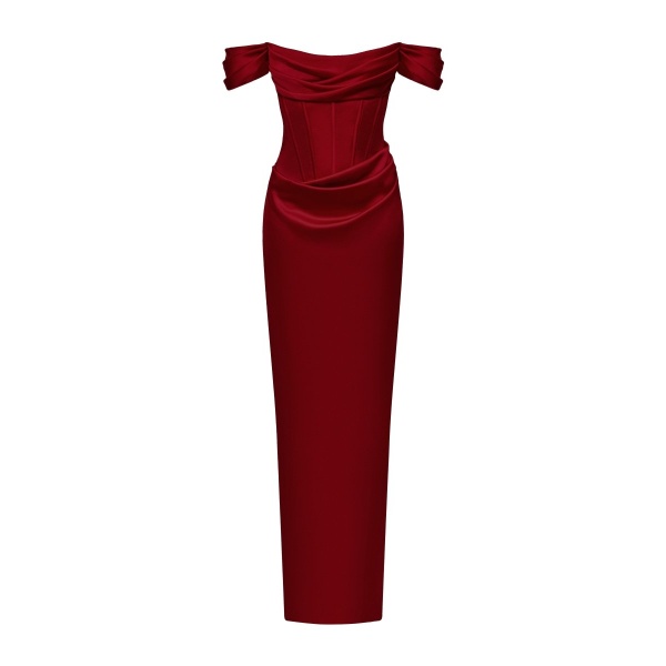 Rasario Off-the-shoulder draped corset satin gown in Burgundy