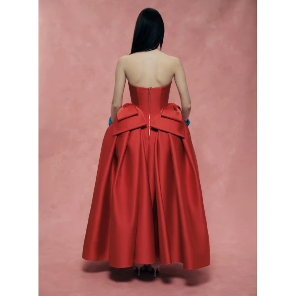 Rasario Satin Midi Dress with Sculptural Bow Details in Red, view 4