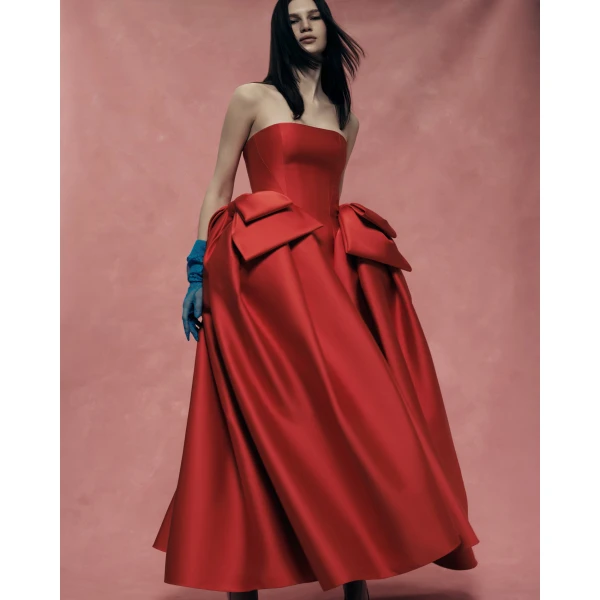Rasario Satin Midi Dress with Sculptural Bow Details in Red, view 5
