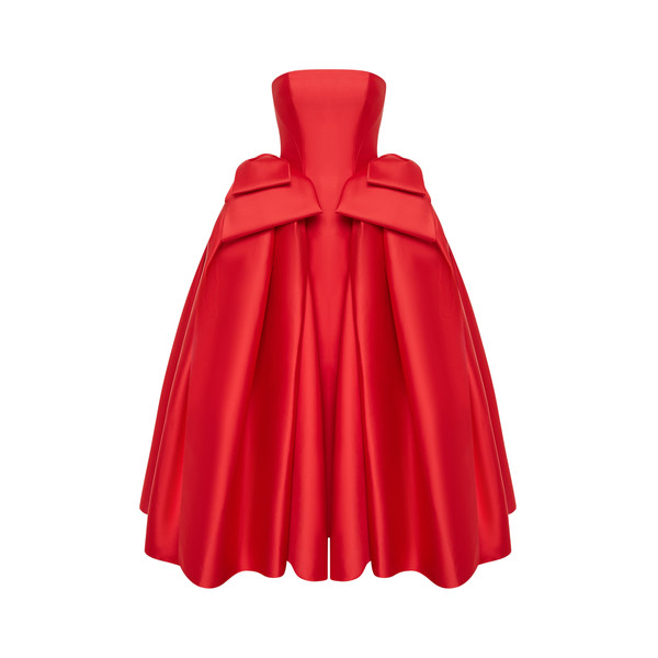 Rasario Satin Midi Dress with Sculptural Bow Details in Red