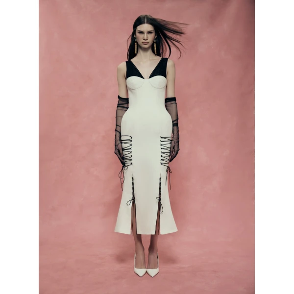 Rasario Crepe Midi Dress with a Corset Bodice and Lace-Up Detailing in White, view 3