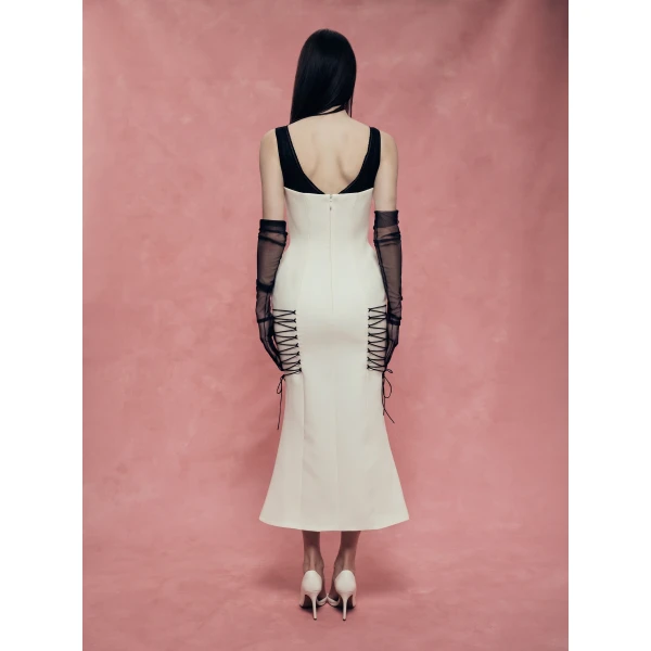 Rasario Crepe Midi Dress with a Corset Bodice and Lace-Up Detailing in White, view 4