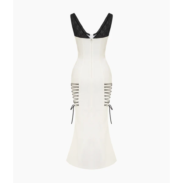 Rasario Crepe Midi Dress with a Corset Bodice and Lace-Up Detailing in White, view 5