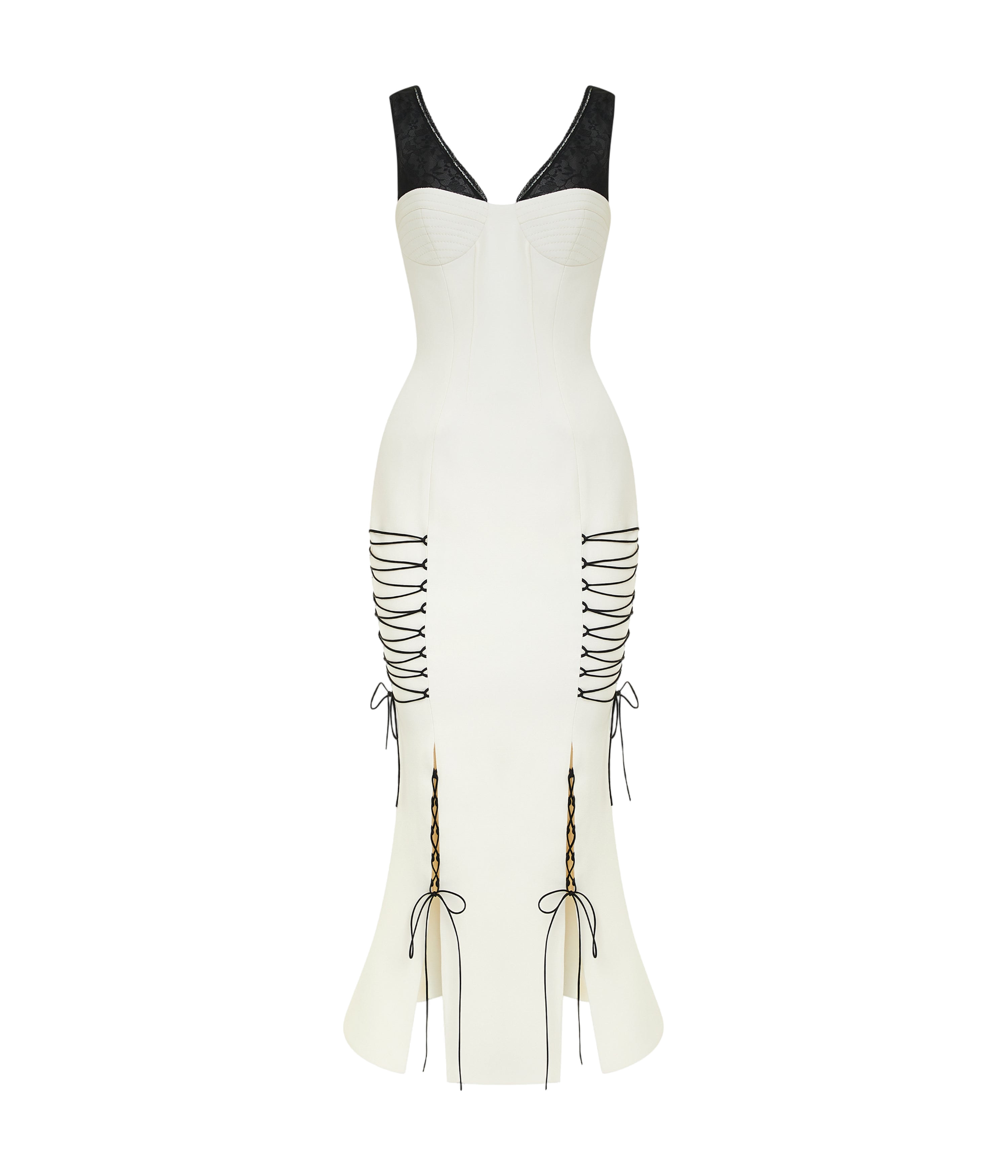 Rasario Crepe Midi Dress with a Corset Bodice and Lace-Up Detailing in White Rasario Crepe Midi Dress with a Corset Bodice and Lace-Up Detailing in White