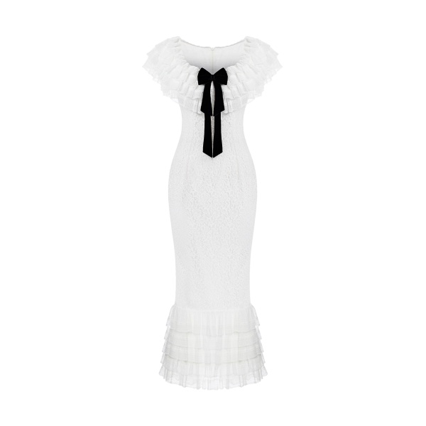 Rasario Lace midi dress with a velvet bow in White