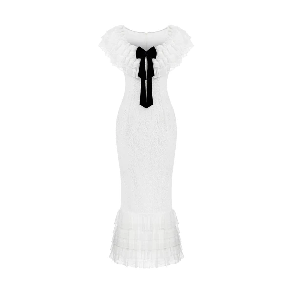 Rasario Lace midi dress with a velvet bow in White