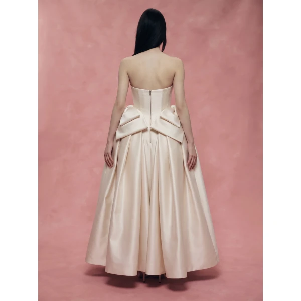 Rasario Satin Midi Dress with Sculptural Bow Details in White, view 3