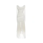 Rasario Silk and lurex maxi dress with cowl neckline and ruffles in White