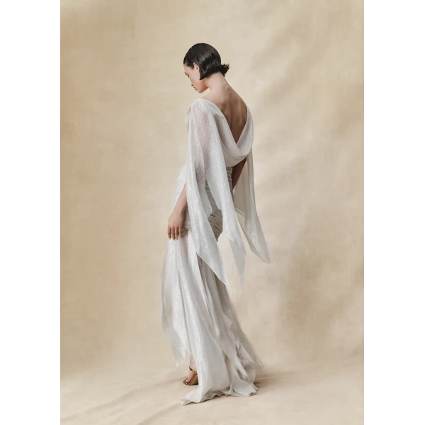 Rasario Silk and lurex maxi dress with cowl neckline and ruffles in White, view 3