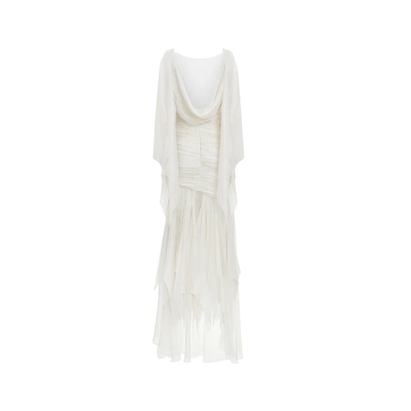Rasario Silk and lurex maxi dress with cowl neckline and ruffles in White, view 4