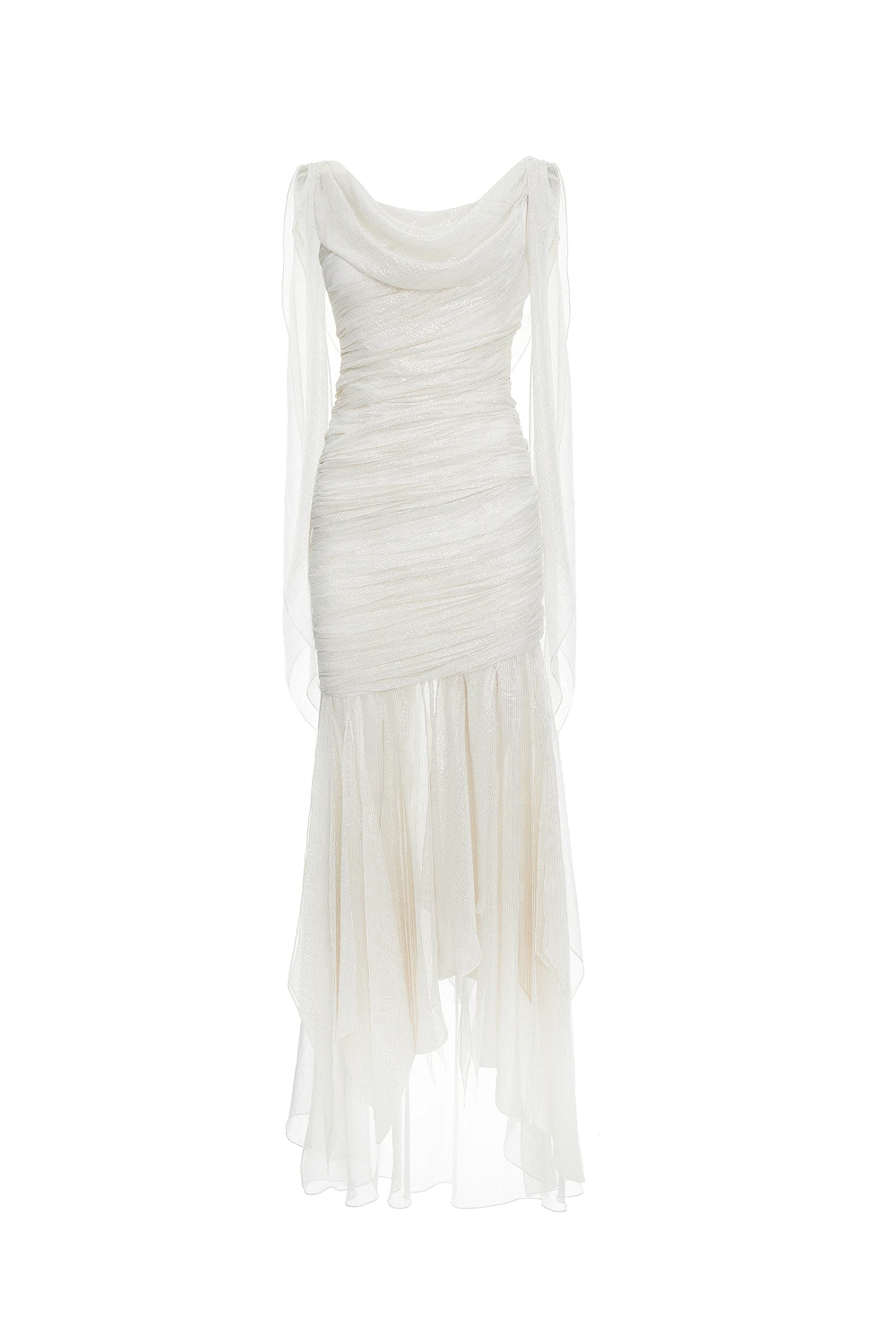 Rasario Silk and lurex maxi dress with cowl neckline and ruffles in White Rasario Silk and lurex maxi dress with cowl neckline and ruffles in White