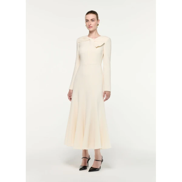 Roland Mouret Asymmetric Bow Neck Wool Crepe Midi Dress in Cream, view 2