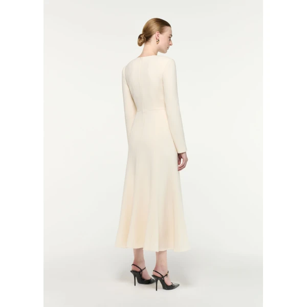 Roland Mouret Asymmetric Bow Neck Wool Crepe Midi Dress in Cream, view 3