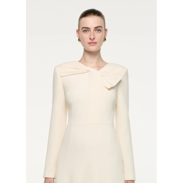 Roland Mouret Asymmetric Bow Neck Wool Crepe Midi Dress in Cream, view 4