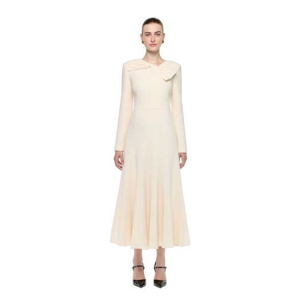 Roland Mouret Asymmetric Bow Neck Wool Crepe Midi Dress in Cream