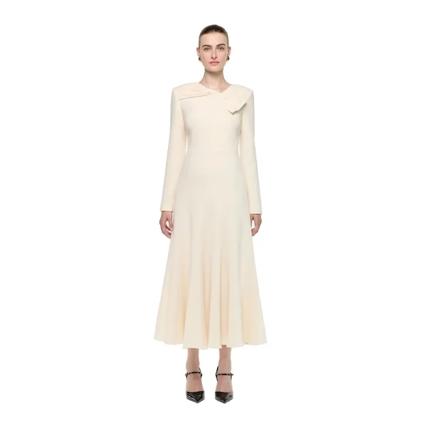 Roland Mouret Asymmetric Bow Neck Wool Crepe Midi Dress in Cream
