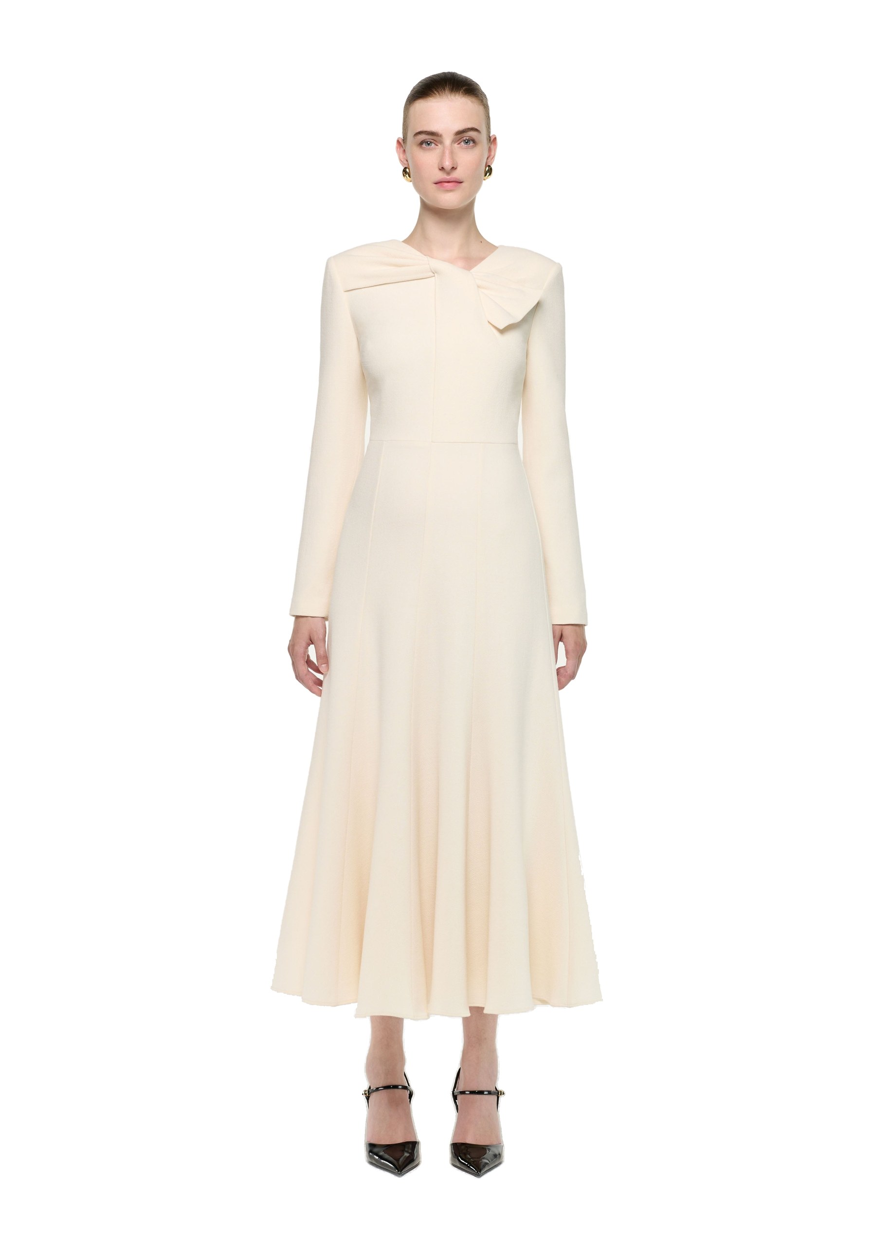 Roland Mouret Asymmetric Bow Neck Wool Crepe Midi Dress in Cream
