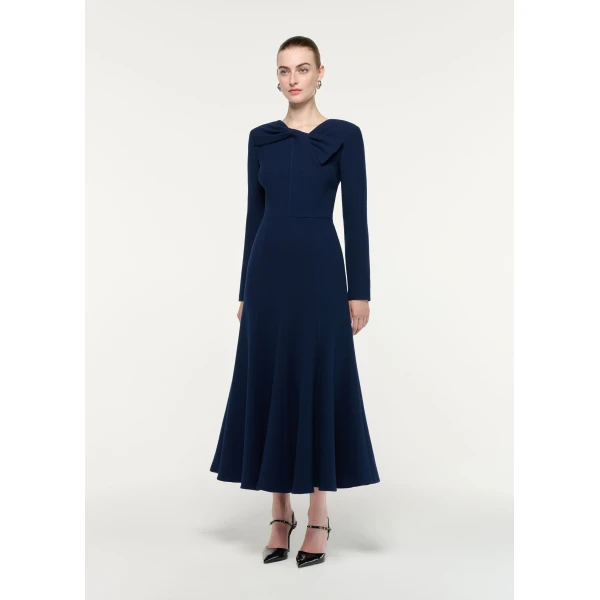 Roland Mouret Asymmetric Bow Neck Wool Crepe Midi Dress in Navy, view 2