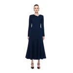 Roland Mouret Asymmetric Bow Neck Wool Crepe Midi Dress in Navy
