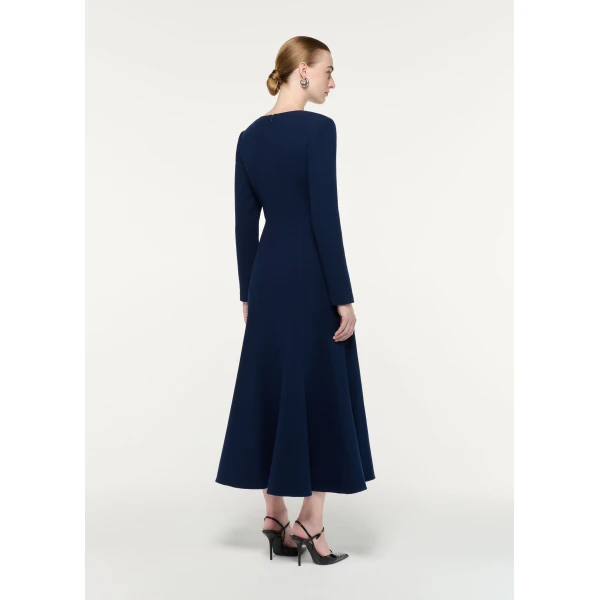 Roland Mouret Asymmetric Bow Neck Wool Crepe Midi Dress in Navy, view 3