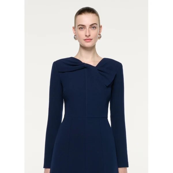 Roland Mouret Asymmetric Bow Neck Wool Crepe Midi Dress in Navy, view 4