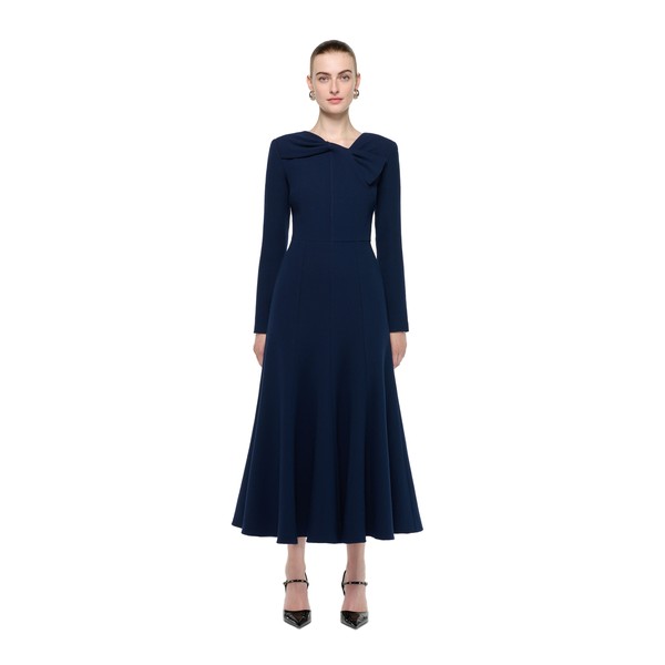 Roland Mouret Asymmetric Bow Neck Wool Crepe Midi Dress in Navy