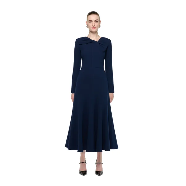 Roland Mouret Asymmetric Bow Neck Wool Crepe Midi Dress in Navy