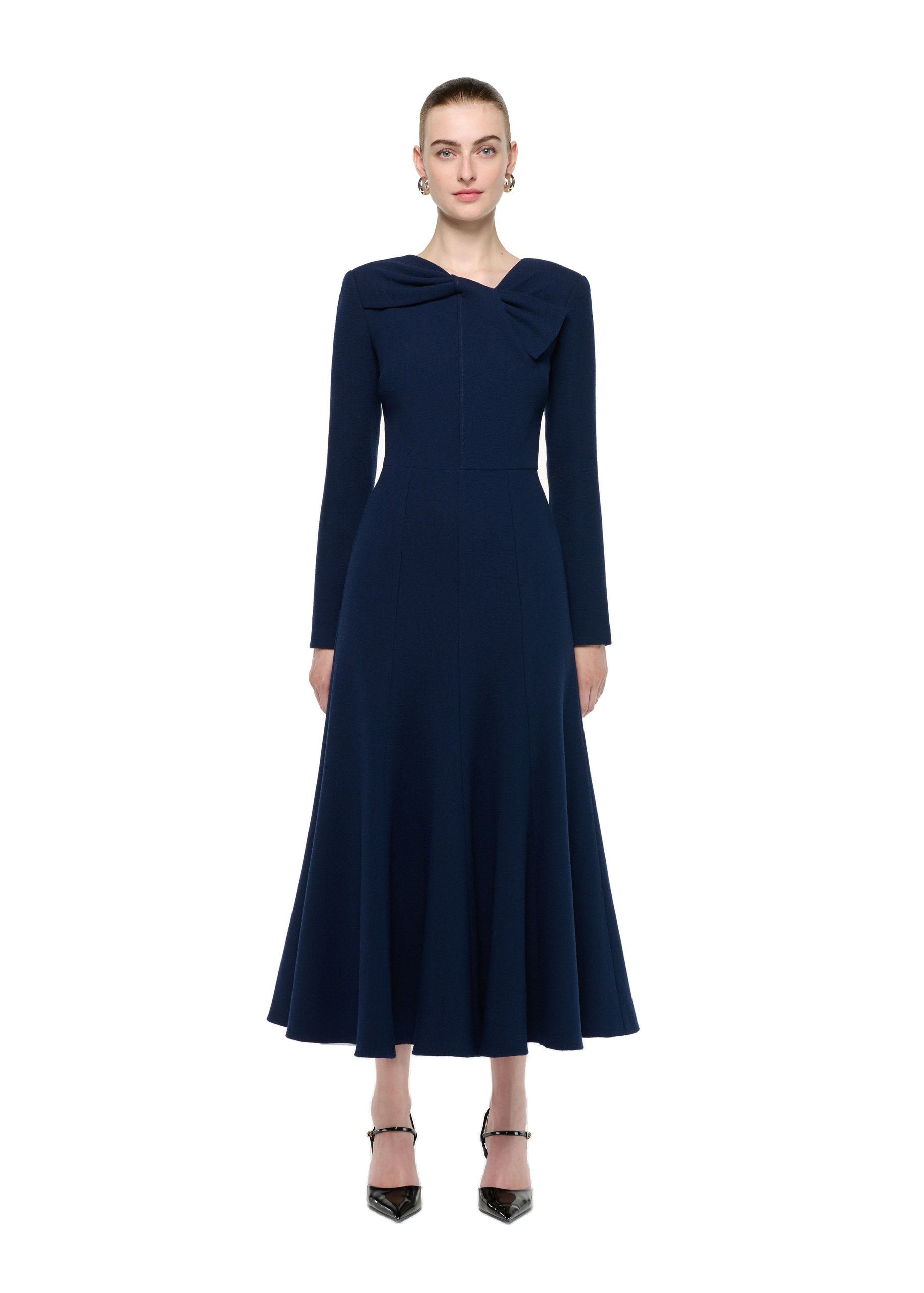 Roland Mouret Asymmetric Bow Neck Wool Crepe Midi Dress in Navy