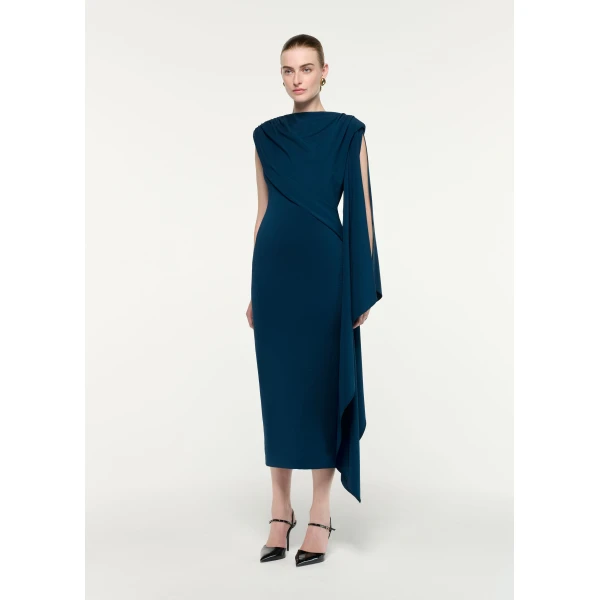 Roland Mouret Asymmetric Cape Jersey Midi Dress in Blue, view 2