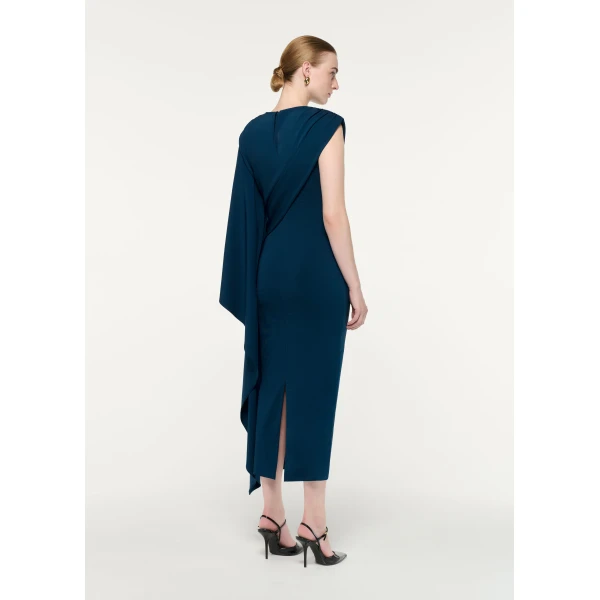 Roland Mouret Asymmetric Cape Jersey Midi Dress in Blue, view 3