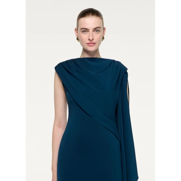 Roland Mouret Asymmetric Cape Jersey Midi Dress in Blue, view 4
