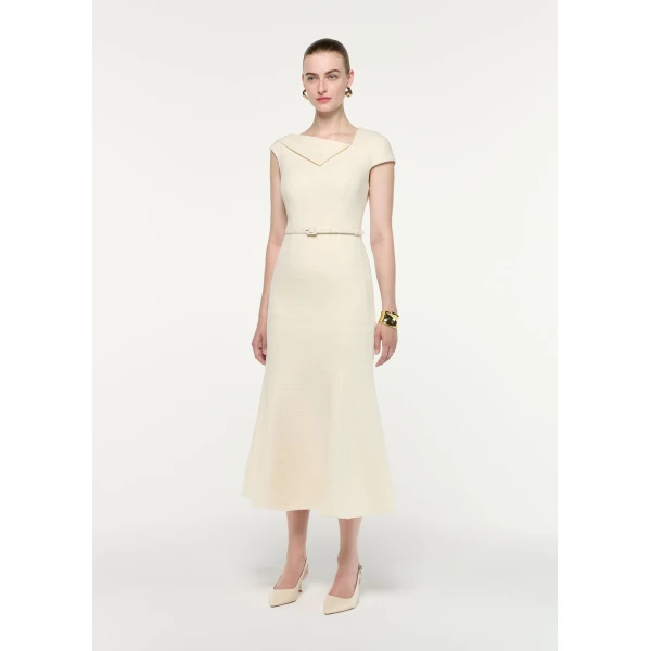 Roland Mouret Asymmetric Neckline Boucle Midi Dress in Cream, view 2