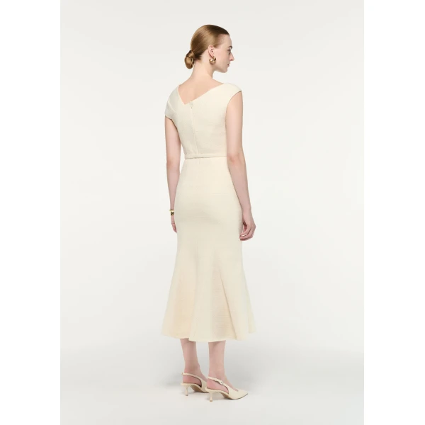 Roland Mouret Asymmetric Neckline Boucle Midi Dress in Cream, view 3