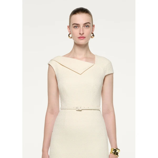 Roland Mouret Asymmetric Neckline Boucle Midi Dress in Cream, view 4