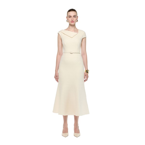 Roland Mouret Asymmetric Neckline Boucle Midi Dress in Cream