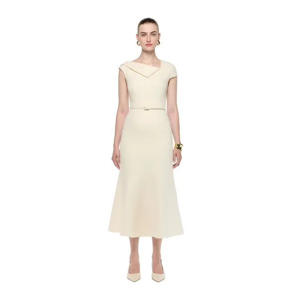 Roland Mouret Asymmetric Neckline Boucle Midi Dress in Cream