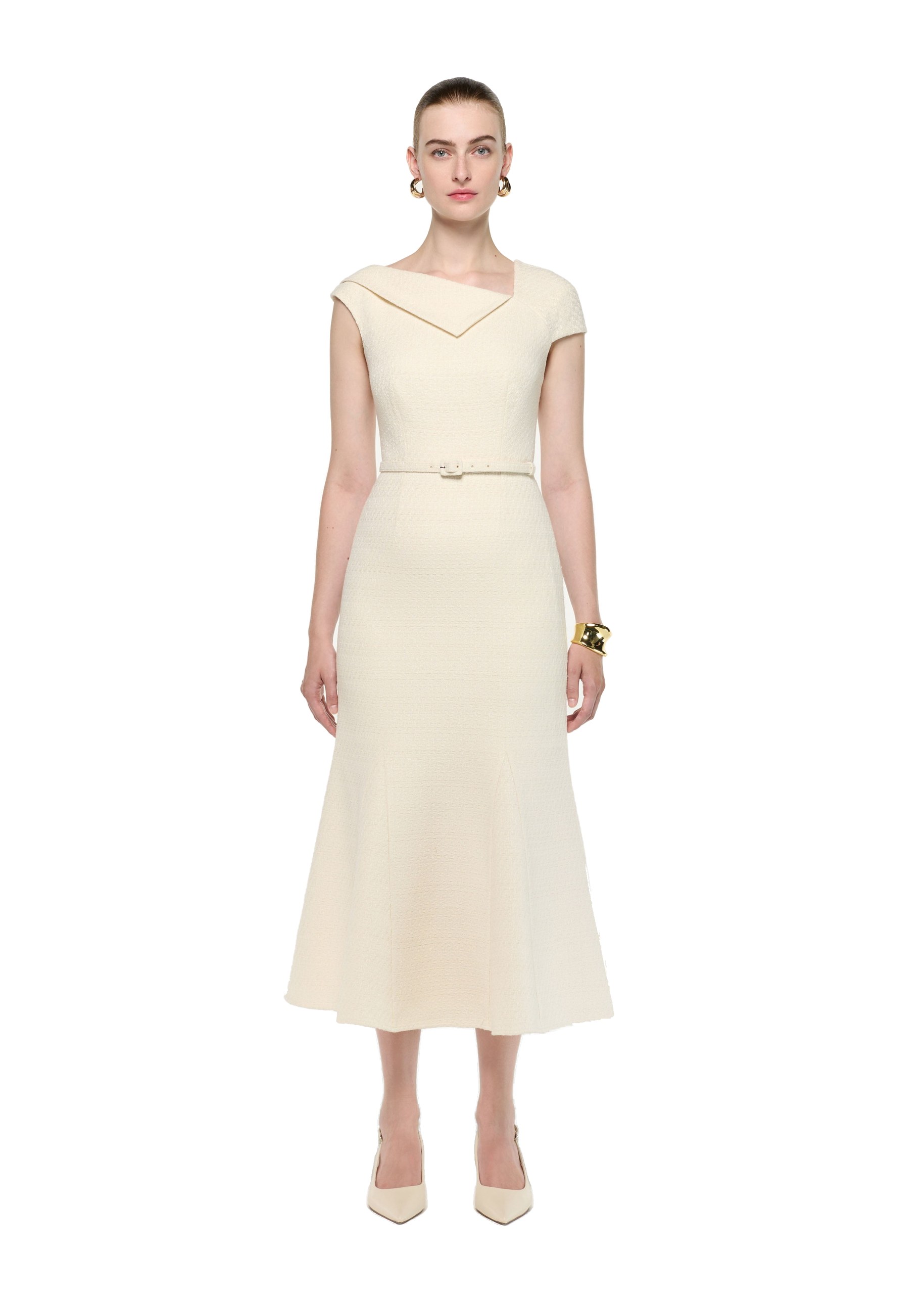 Roland Mouret Asymmetric Neckline Boucle Midi Dress in Cream