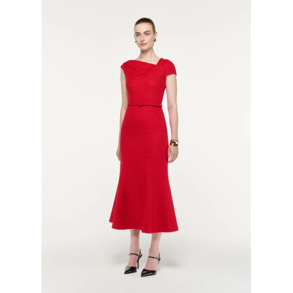 Roland Mouret Asymmetric Neckline Boucle Midi Dress in Red, view 2