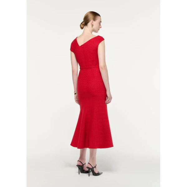 Roland Mouret Asymmetric Neckline Boucle Midi Dress in Red, view 3
