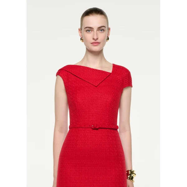 Roland Mouret Asymmetric Neckline Boucle Midi Dress in Red, view 4