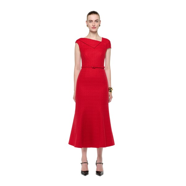 Roland Mouret Asymmetric Neckline Boucle Midi Dress in Red