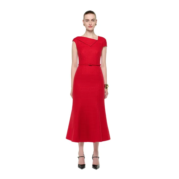 Roland Mouret Asymmetric Neckline Boucle Midi Dress in Red