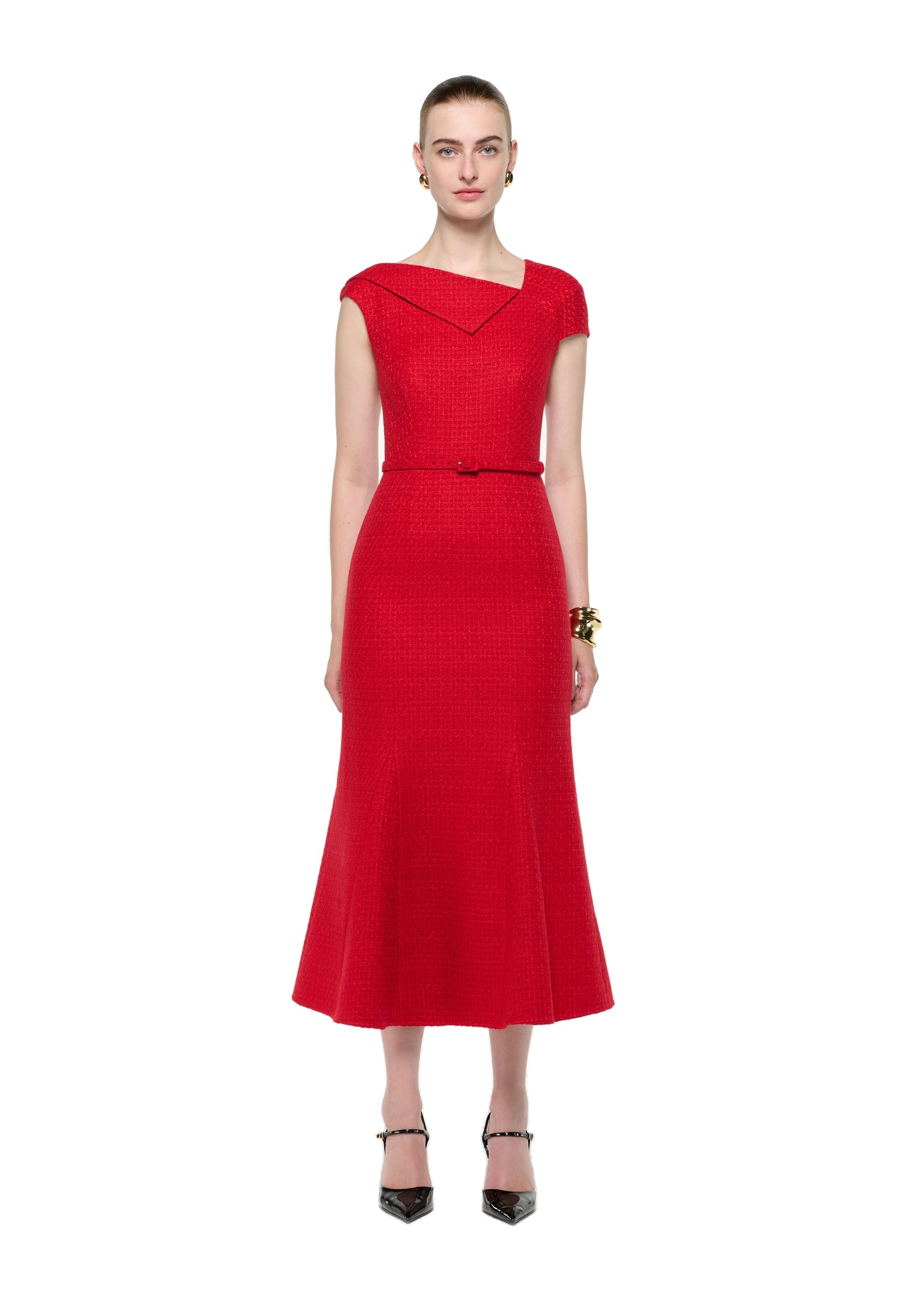 Roland Mouret Asymmetric Neckline Boucle Midi Dress in Red