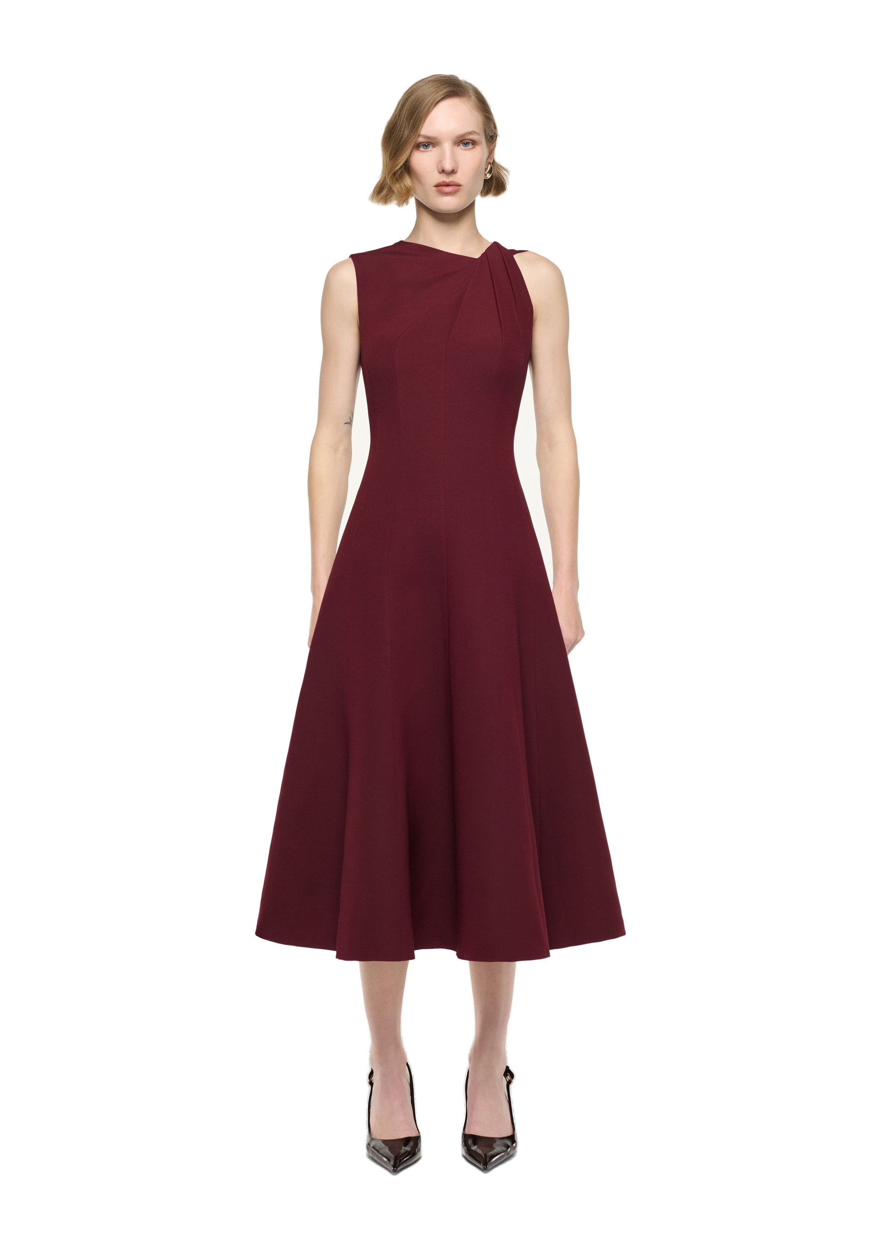 Roland Mouret Asymmetrical Twist Midi Dress in Burgundy